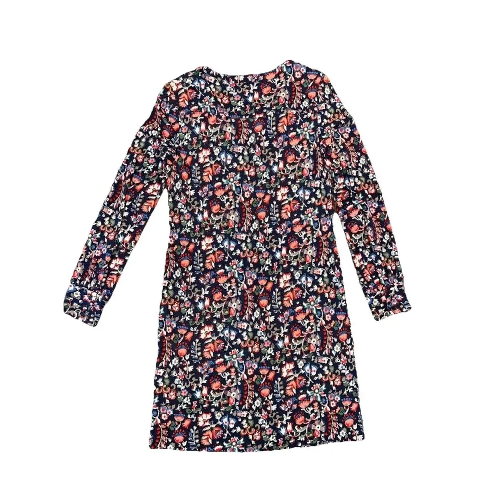 Tory Burch Floral Folk Print Long Sleeve Dress V-Neck Keyhole Stretch Knit L